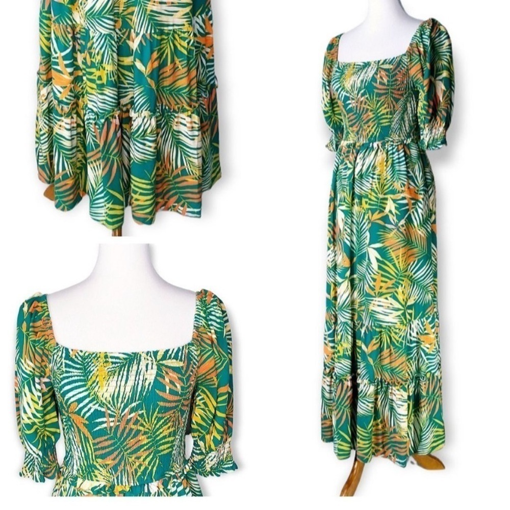 BETSEY JOHNSON Smocked Maxi Dress in Green Tropical Leaf Print Size X-Small - Picture 13 of 16